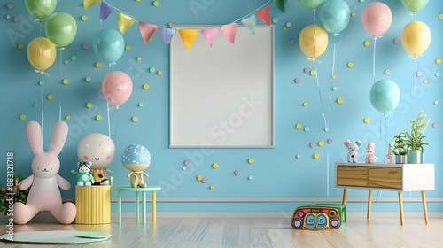 A room with a blue wall and a large empty frame