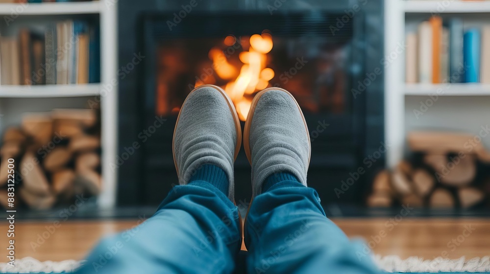 Cozy scene with feet in slippers by a warm fireplace. Relaxation and comfort in a homely setting, perfect for winter evenings. Cozy scene with feet in slippers by a warm fireplace. Relaxation and comfort in a homely setting, perfect for winter evenings.