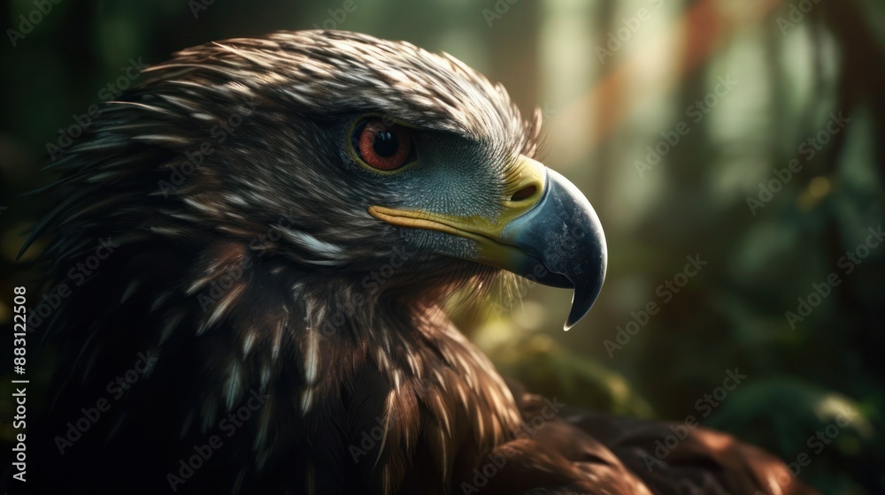 Majestic Eagle Gazing Intensely with Golden Eye in Forest Majestic Eagle Gazing Intensely with Golden Eye in Forest