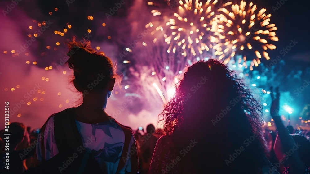 Two Women Silhouetted Against Fireworks Two Women Silhouetted Against Fireworks