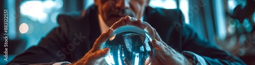 Businessman Gazing into a Crystal Ball: Symbolizing Future Insight and Foresight in Business Forecasting and Strategic Planning photo