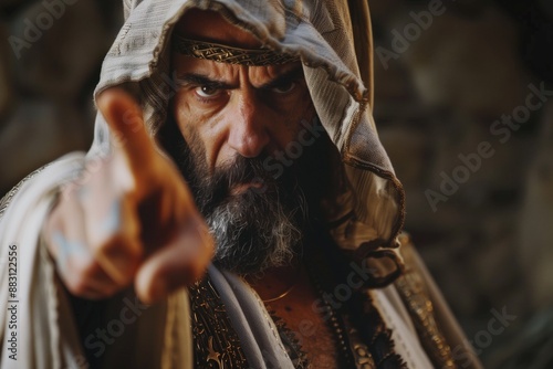 Stern pharise with beard and head covering pointing finger in dramatic setting. Historical reenactment, biblical times, intense expression, character portrait, medieval costume design. photo