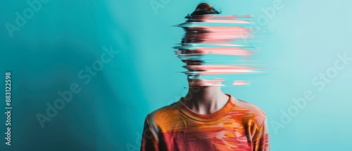 Person With Distorted Face In Front Of Teal Background