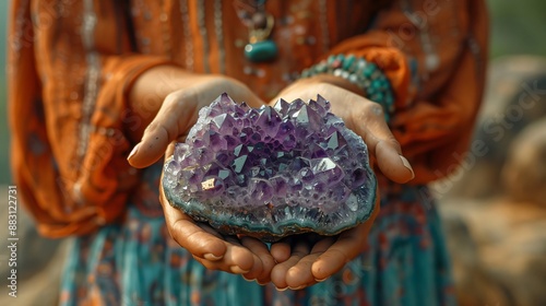 Woman is holding a large amethyst crystal geode in her hands, showcasing the beauty and allure of this purple gemstone