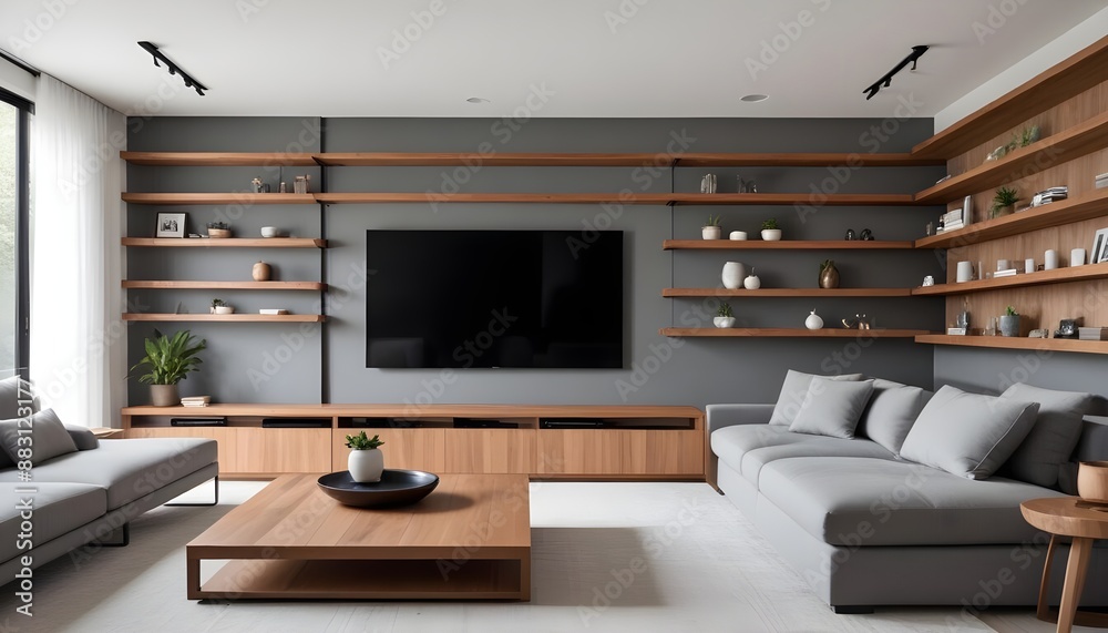 Big TV with blank screen ready for mock up in a living room—modern living room decor with a TV cabinet. 