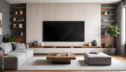 Big TV with blank screen ready for mock up in a living room—modern living room decor with a TV cabinet. 
