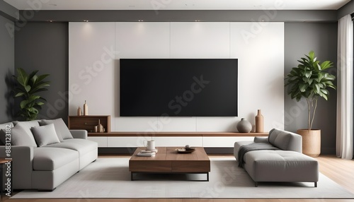 Big TV with blank screen ready for mock up in a living room—modern living room decor with a TV cabinet. 