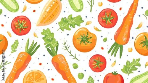 A seamless pattern of colorful vegetables and herbs on a white background.