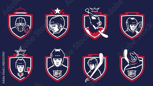 A set of various hockey-themed emblems depicting confident players in action, designed within shield-shaped frames and elements like sticks, pucks representing the sport.