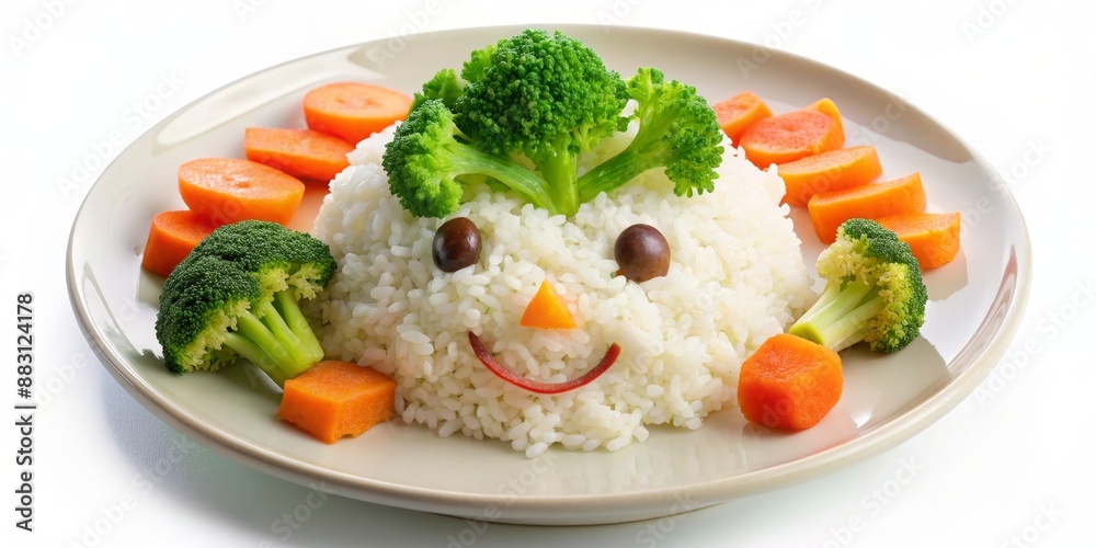 Product Cute rice character with carrot and broccoli garnish, smiling face, white background Product Cute rice character with carrot and broccoli garnish, smiling face, white background