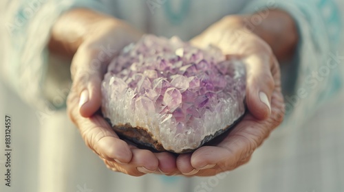 Woman is holding a large purple amethyst crystal cluster in her open palms, showing the beautiful raw crystalline formation