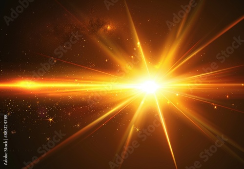 Abstract glowing light rays with a sun flare effect on a black background