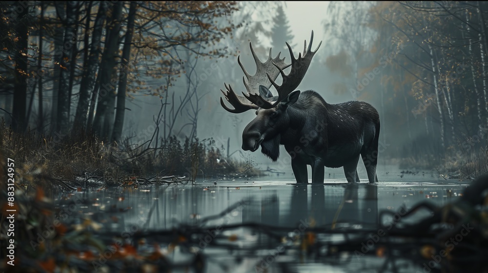 A majestic moose stands in a foggy forest, partially submerged in a tranquil reflective pond, surrounded by autumn-colored trees, exuding serenity and wilderness beauty.