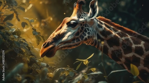 Closeup of a giraffes face and neck in a lush green forest photo