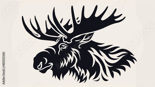 A simplified, black and white moose head logo, featuring abstract lines and shapes that emphasize the animal's antlers and profile, ideal for branding purposes.