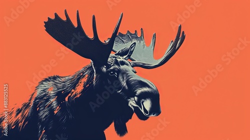 A visually striking artwork of a moose's head, set against a vibrant orange background, highlighting the animal's features and antlers with a modern art style.