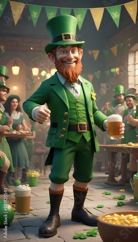 Irishcartoon  leprechaun drinking beer in a irish pub on st. Patricksday photo