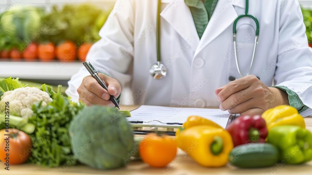 Doctor writing a prescription with fresh vegetables on the desk, promoting healthy eating and nutrition for better lifestyle. Doctor writing a prescription with fresh vegetables on the desk, promoting healthy eating and nutrition for better lifestyle.