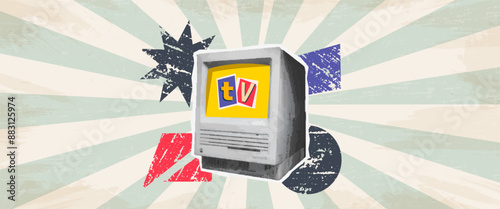 Flat halftone retro tv advertising banner design. Vintage vector concept of social media communication. Grunge circus retro background. 