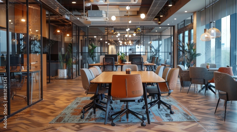 Modern Office Meeting Room with Glass Walls and Wooden Floor. Modern Office Meeting Room with Glass Walls and Wooden Floor.