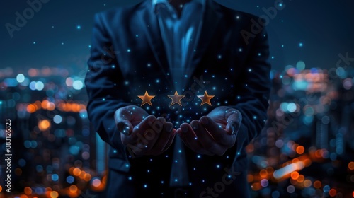 Successful Business Owner Presenting Five Stars in Professional Office Setting