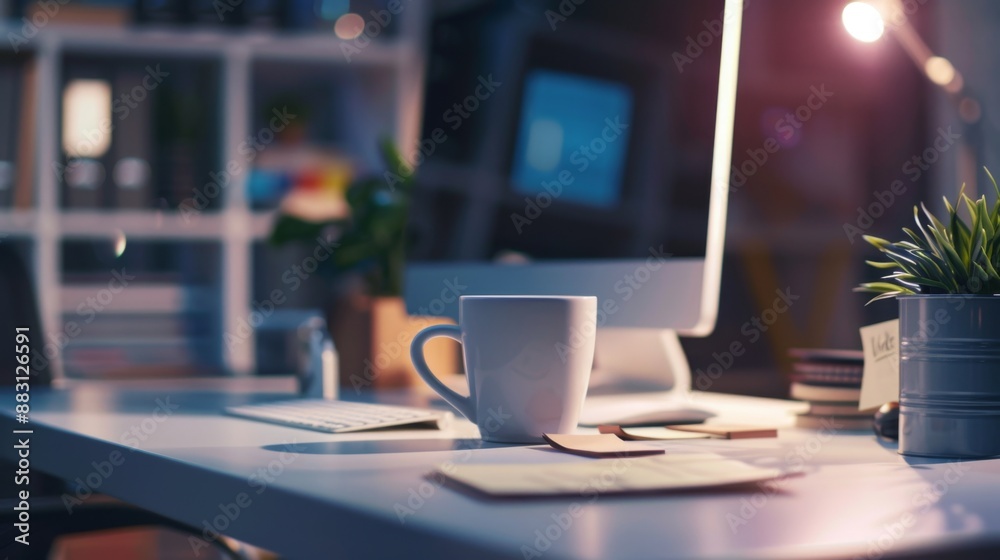A tidy workspace with a desktop computer, coffee mug, and sticky notes High quality images A tidy workspace with a desktop computer, coffee mug, and sticky notes High quality images