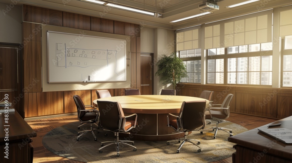 Modern Boardroom with Large Windows and Round Table. Modern Boardroom with Large Windows and Round Table.