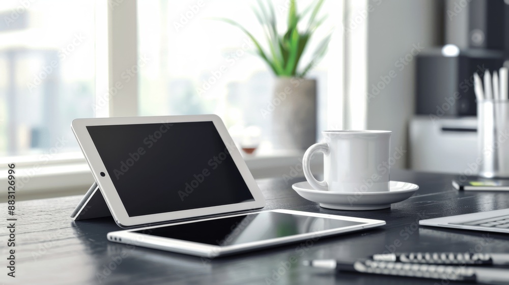 Modern Office Desk with Tablet, Coffee, and Pens. Modern Office Desk with Tablet, Coffee, and Pens.