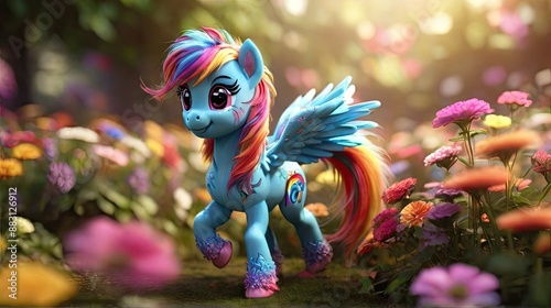 Rainbow Dash Pony in a Field of Flowers.