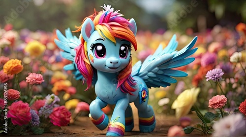 Rainbow Dash in a field of flowers.