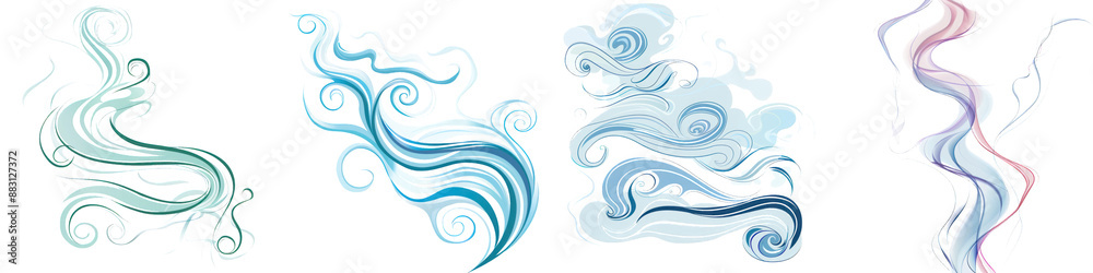 Abstract swirls and waves in various shapes and colors on a transparent background. Artful, flowing forms ideal for creative designs and projects.