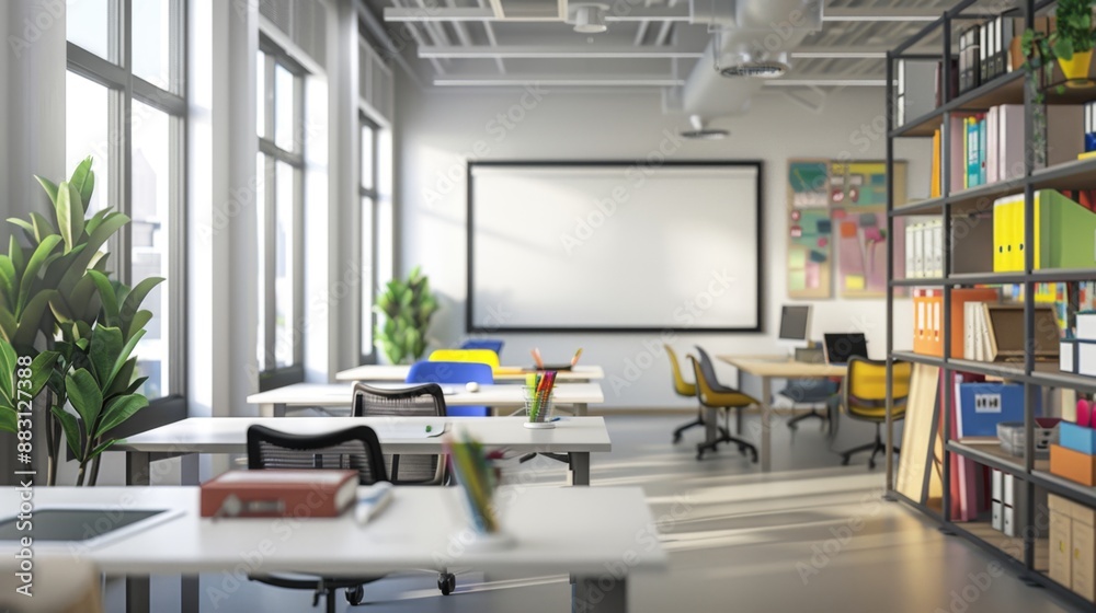 Modern office interior with desks, chairs and a whiteboard. Modern office interior with desks, chairs and a whiteboard.