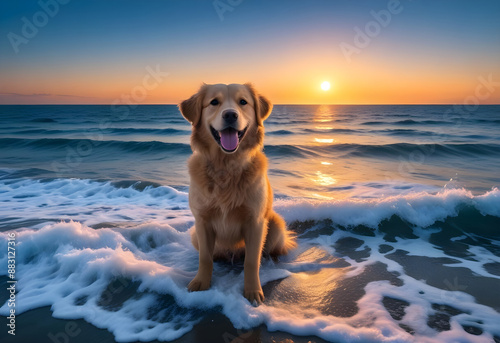 Happy golden retriver dog over the ocean