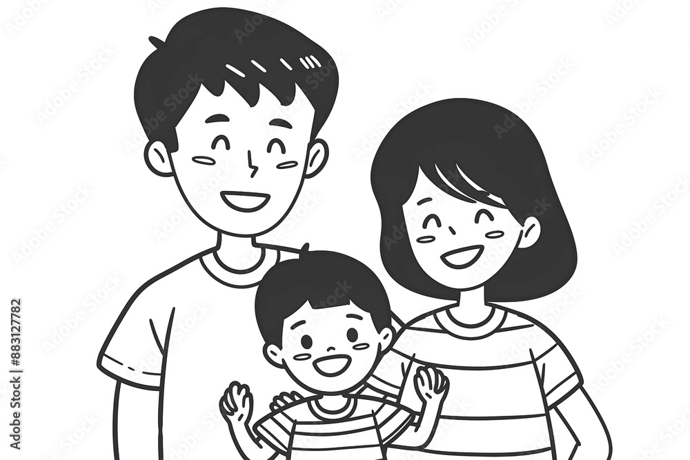 Simple Line Drawing of Happy Family with Father, Mother, and Child - Vector Illustration Simple Line Drawing of Happy Family with Father, Mother, and Child - Vector Illustration