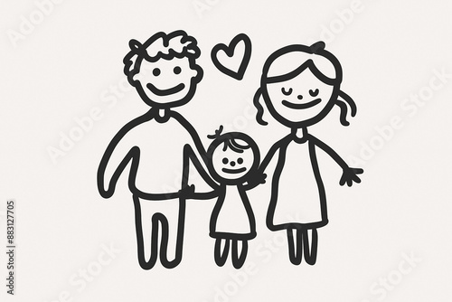 Simple Line Drawing of Happy Family with Father, Mother, and Child - Vector Illustration