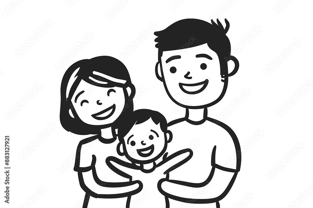 Simple Line Drawing of Happy Family with Father, Mother, and Child - Vector Illustration Simple Line Drawing of Happy Family with Father, Mother, and Child - Vector Illustration