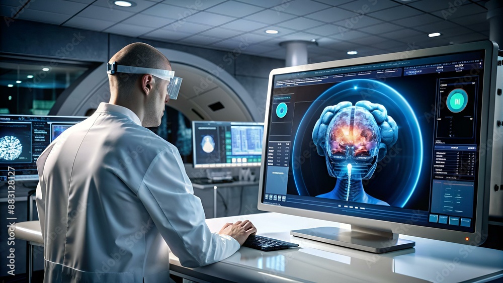 Futuristic Concept: In Medical Control Room Doctor Wearing Virtual Reality Headset Monitors Patient Undergoing MRI or CT Scan Procedure. Computer Displays Show 3D Brain Model with Possible Cancer. Futuristic Concept: In Medical Control Room Doctor Wearing Virtual Reality Headset Monitors Patient Undergoing MRI or CT Scan Procedure. Computer Displays Show 3D Brain Model with Possible Cancer.