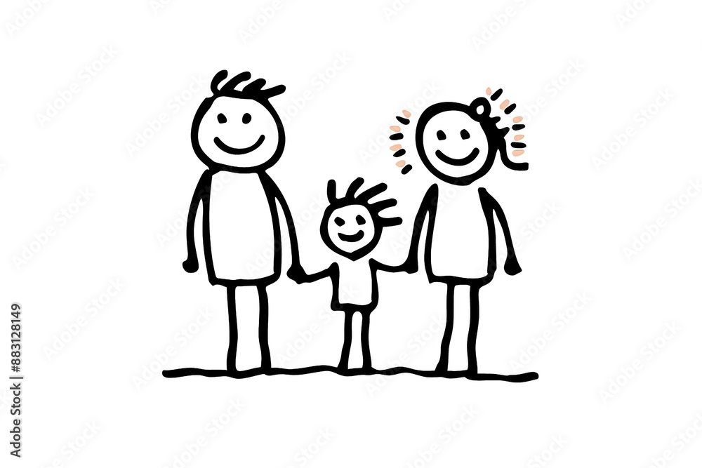 Simple Line Drawing of Happy Family with Father, Mother, and Child - Vector Illustration Simple Line Drawing of Happy Family with Father, Mother, and Child - Vector Illustration