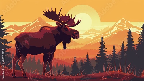 Artistic depiction of a moose against a vibrant sunset backdrop with silhouetted mountains and pine trees, creating a dramatic and warm nature scene full of color.