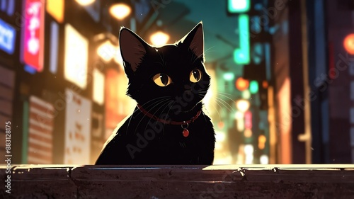 Cute black cat anime cartoon illustration art design