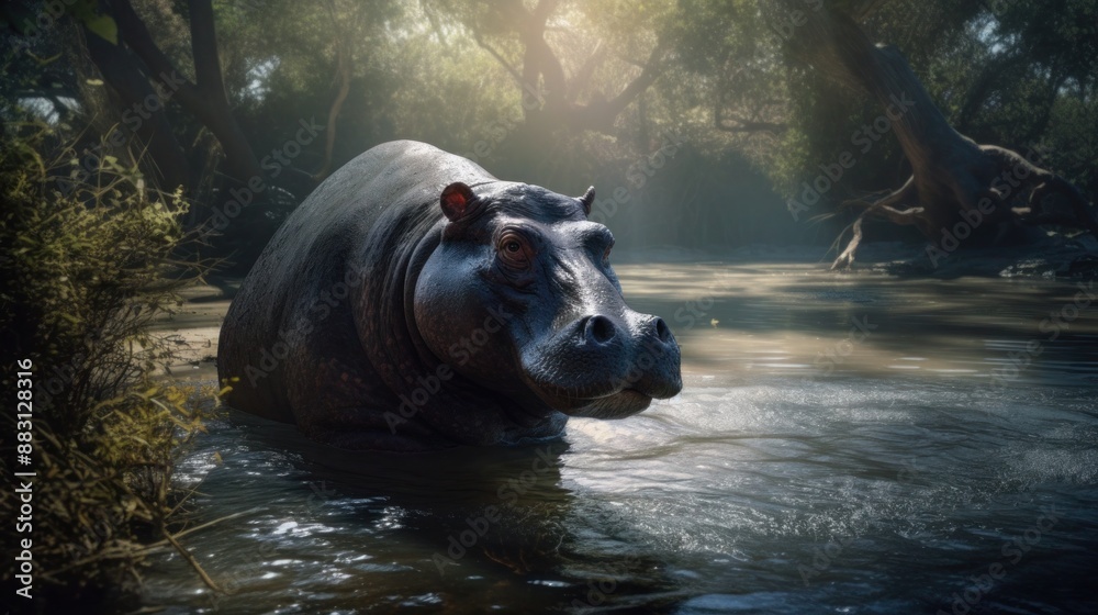 Hippopotamus in the river looks at the camera in the middle of the jungle Hippopotamus in the river looks at the camera in the middle of the jungle