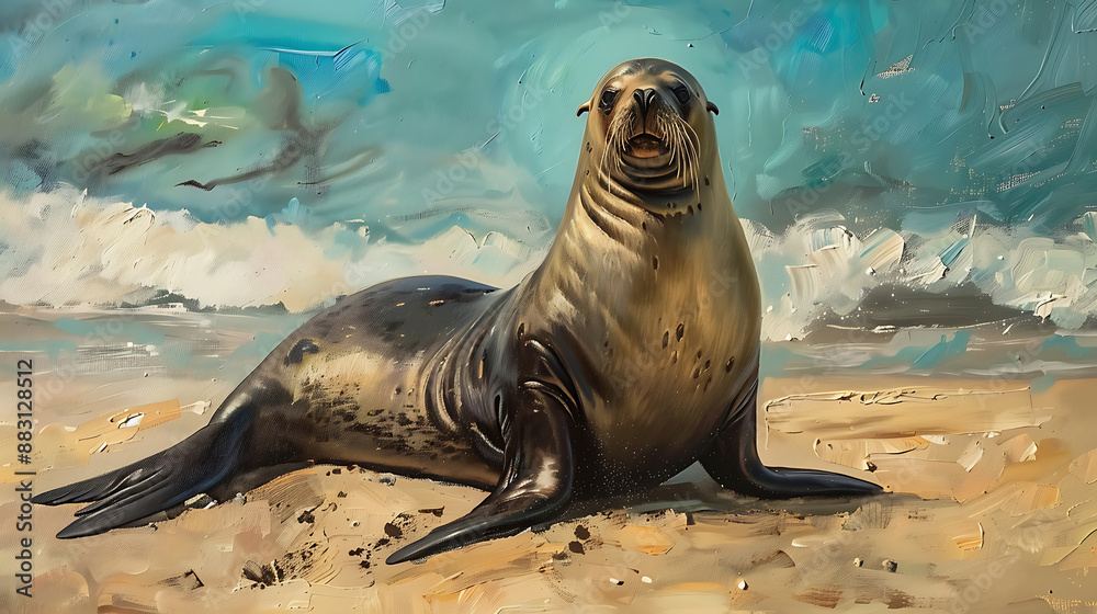 Fototapeta premium Sea lions oil painting, wallpaper, coastal life