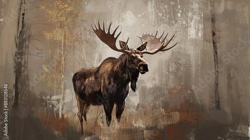 A majestic moose stands proudly with its impressive antlers in an abstract forest background. The artistic rendering captures the essence of wildlife and natural beauty. photo