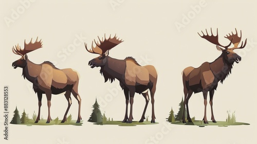 A triptych of moose rendered in a minimalist, artistic style. The image showcases each moose in various poses, highlighting their strength and natural beauty.