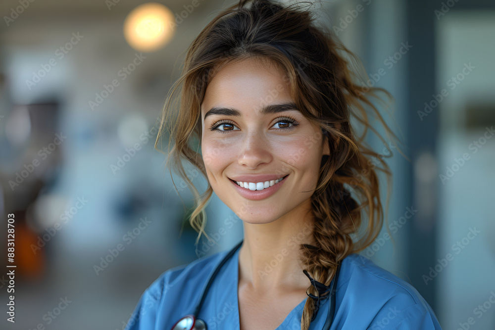 Fototapeta premium Portrait of a young happy latina woman doctor smiling looking at the camera in a blue scrub and stethoscope