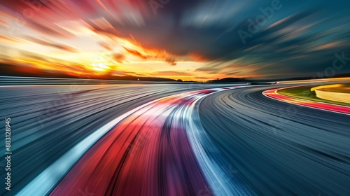 A curved racing track is illuminated by vibrant colors at twilight, creating a visually striking image. It showcases the intersection of racing speed and natural beauty.