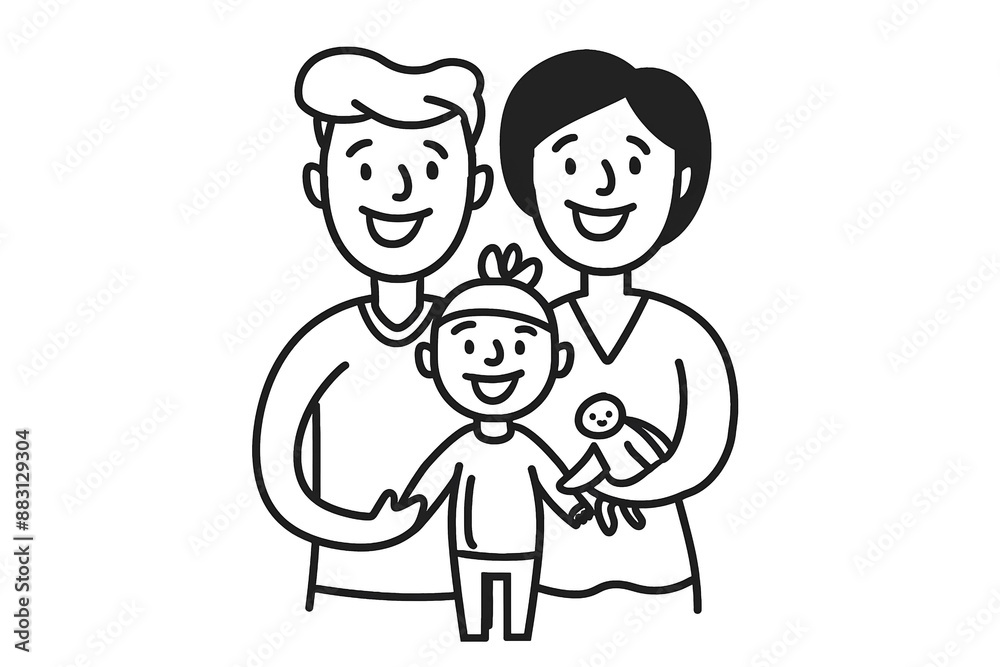 Simple Line Drawing of Happy Family with Father, Mother, and Child - Vector Illustration Simple Line Drawing of Happy Family with Father, Mother, and Child - Vector Illustration