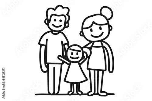 Simple Line Drawing of Happy Family with Father, Mother, and Child - Vector Illustration