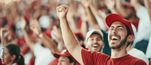 Excited sports fans cheer in a crowded stadium, celebrating a thrilling moment. Joyous expressions fill the stands, embodying team spirit and excitement. © AbsoluteAI