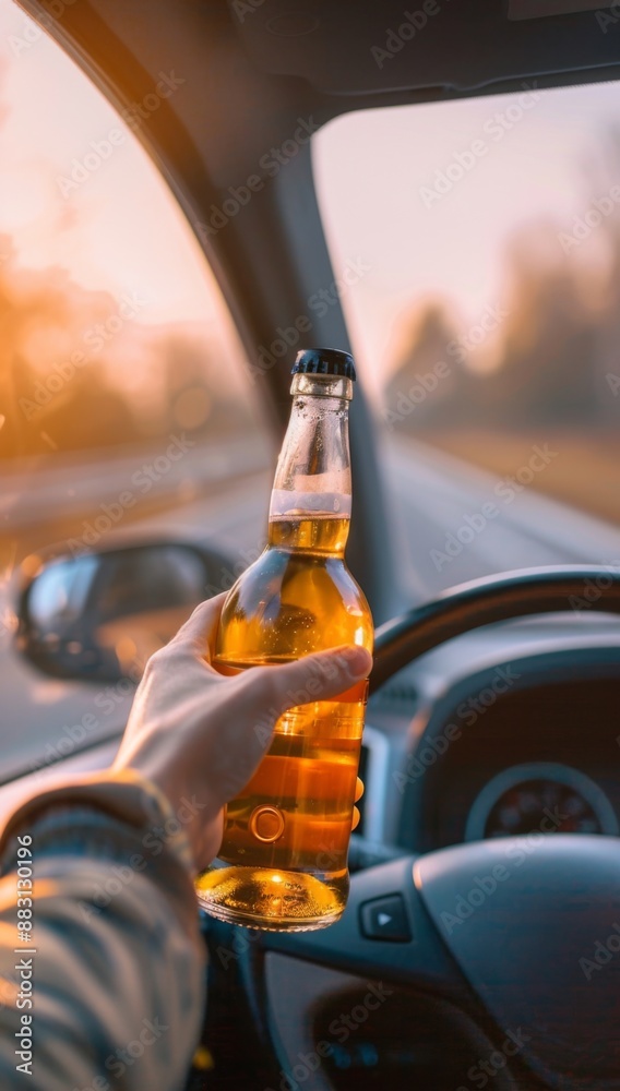 Naklejka premium Depiction of Drunk Driving Concept with an Impaired Driver Behind the Wheel Holding a Bottle of Alcohol, Highlighting the Perils and Consequences of Impaired and Drunk Driving.
